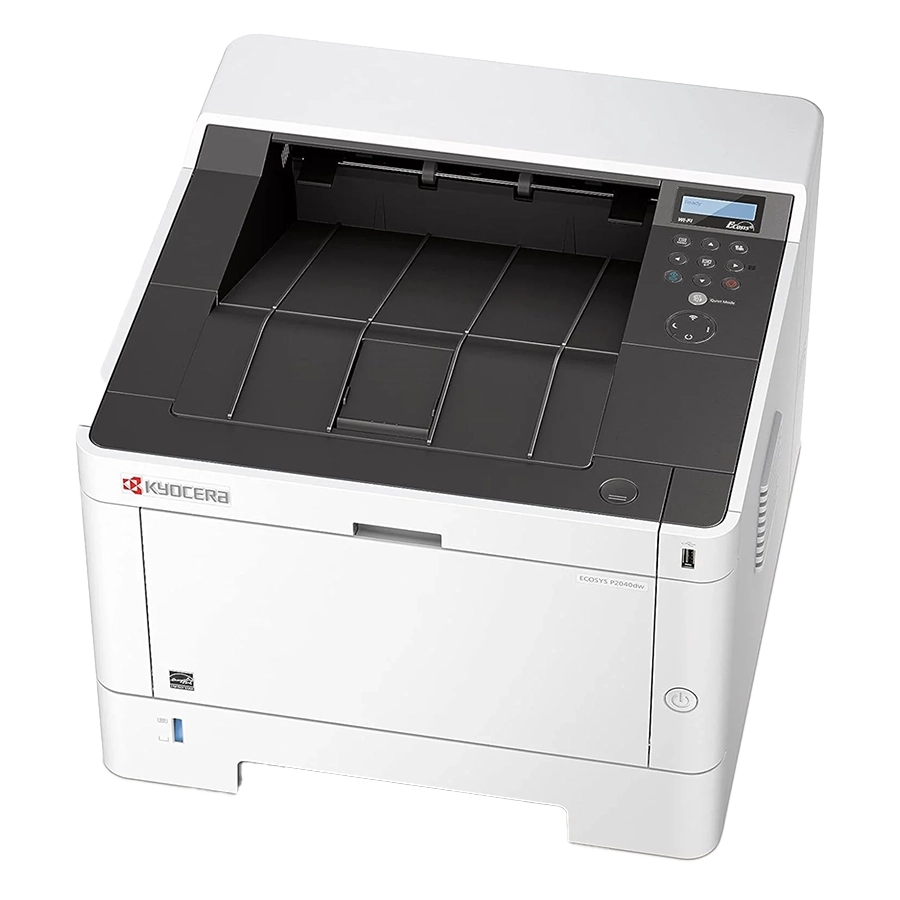 A Kyocera ECOSYS printer, model P2040dw, is shown from a three-quarter view. The printer is a compact, white box with a black control panel and paper trays on top.