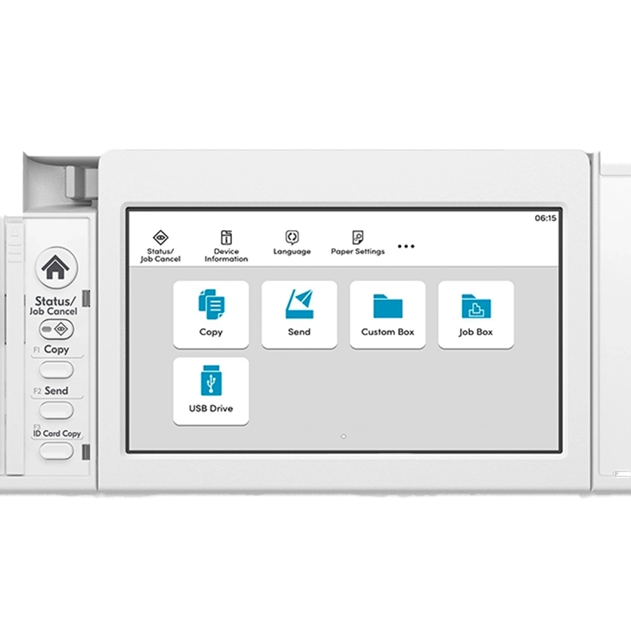 A close-up of the modern touchscreen interface on the Kyocera ECOSYS MA4500ix. This all in one office printer and best printer for small business highlights user-friendly features for copying, scanning, and direct printing from a USB drive.