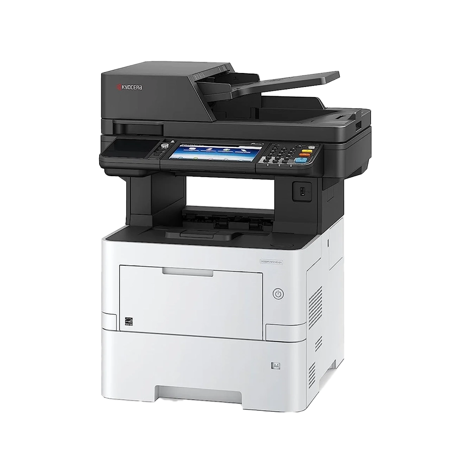 A professional front-angle view of the Kyocera ECOSYS MA4500ix. This quality all in one office printer and best printer for small business is shown with an open document feeder and an optional second paper tray, ideal for high-volume needs.