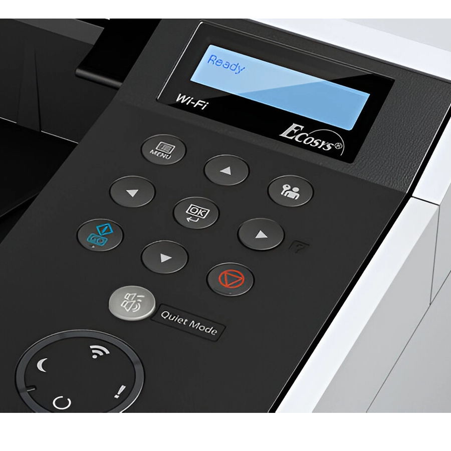 A close-up of a Kyocera printer's control panel, showing a digital screen that reads "Ready," a Wi-Fi indicator, and various buttons, including a "Quiet Mode" button.