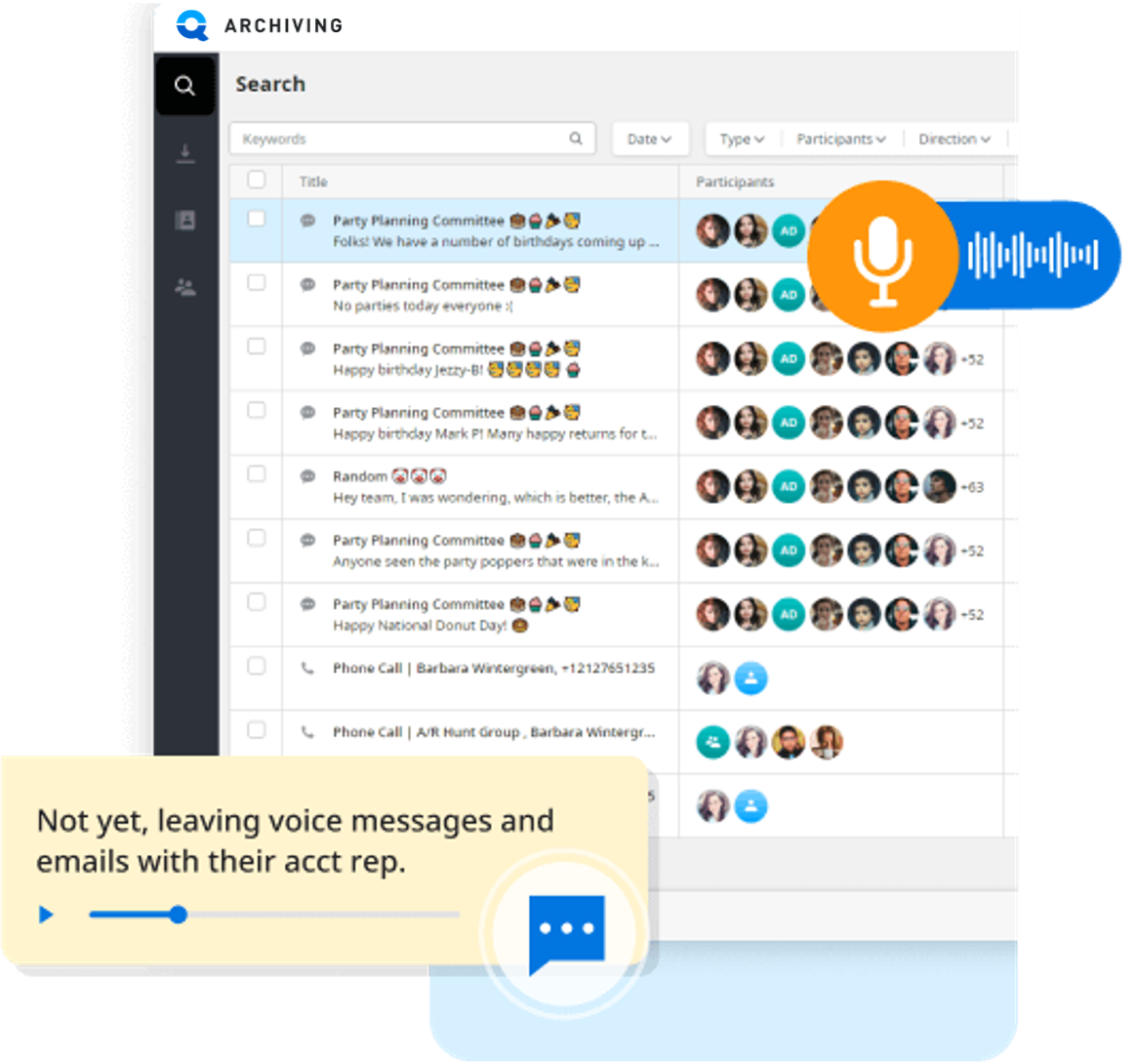 A screen from an archiving application shows a list of message and phone call transcripts. A large, orange microphone icon and a blue chat bubble icon are superimposed on the right side of the screen.