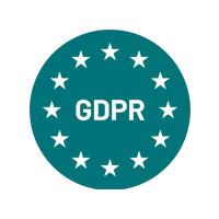 A circular teal logo with "GDPR" in the center, surrounded by a ring of 12 white stars, similar to the European Union flag.
