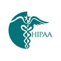 A turquoise logo with the medical Caduceus symbol (a staff with two snakes and wings) and the text "HIPAA."