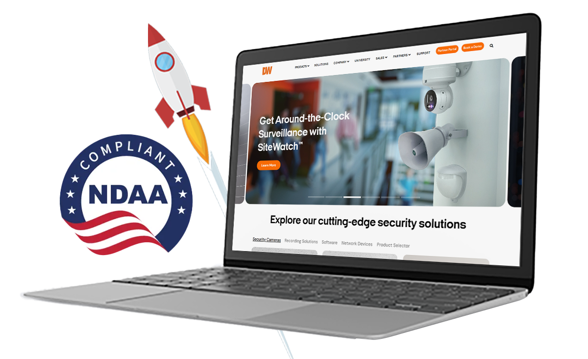 A laptop screen displaying a surveillance website with security feeds and a rocket launching in the background, featuring a 'Compliant NDAA' logo to highlight secure surveillance, cloud hosting, business email, and cloud email by Elevation Technology.