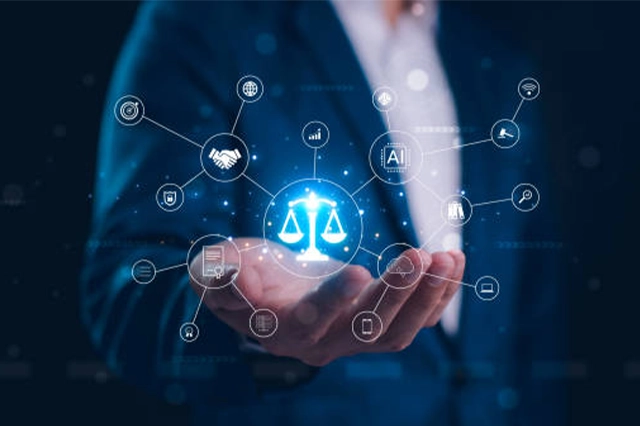 A hand in a business suit holding a digital network with a scale of justice icon, highlighting IT law, data governance, and legal technology.