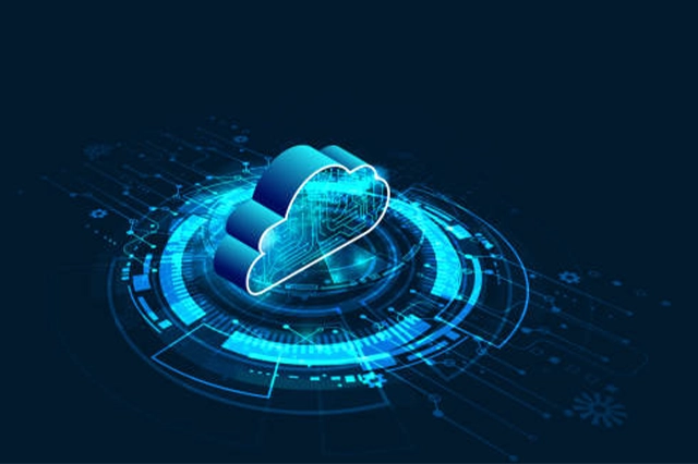Digital illustration of cloud technology and data processing.