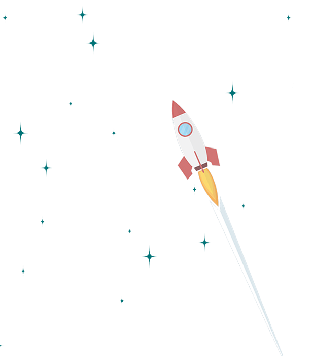 Elevate Technology graphic of a white and red rocket ship launching diagonally into a starry, light-colored background.