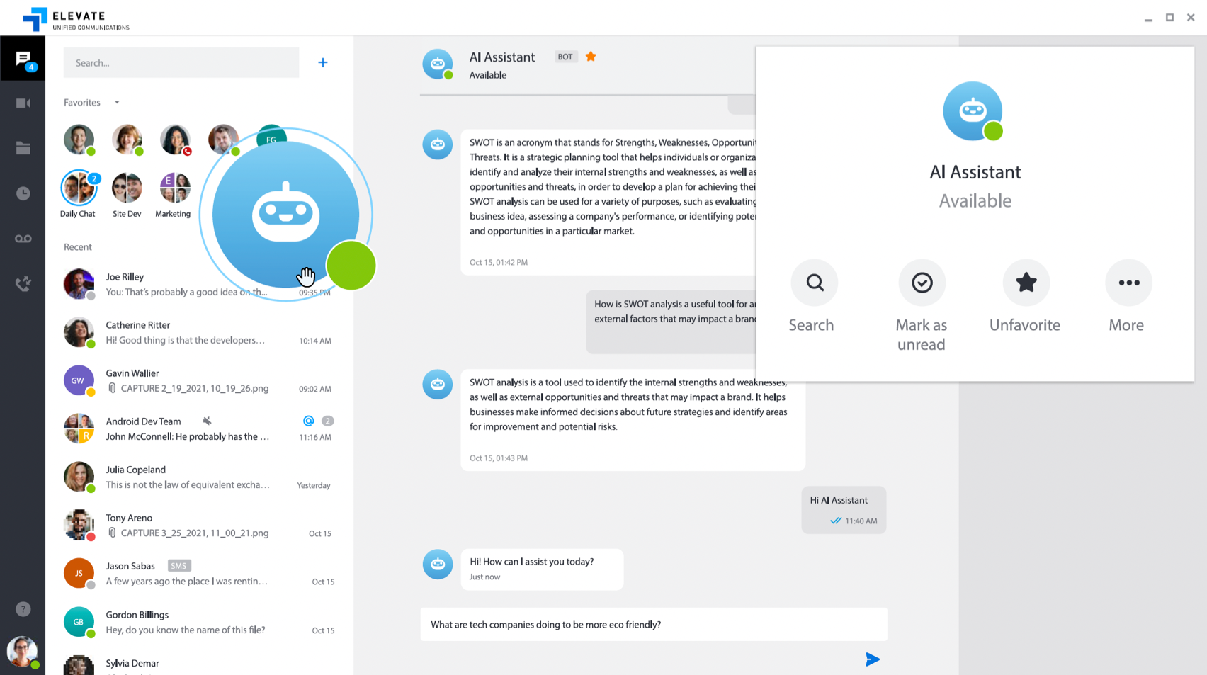 Elevate Technology screenshot of the Elevate AI Assistant interface within the Elevate unified communications platform, showing a chat conversation where the AI Assistant provides a definition of SWOT analysis and a user asks about eco-friendly tech companies. The right panel displays the "AI Assistant Available" card with options for search, mark as unread, unfavorite, and more.
