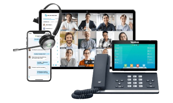 A headset, a smartphone displaying a chat app, a tablet showing a video conference call, and a desk phone with a video screen are all arranged together. The text at the bottom reads, "PHONE / MEETINGS / SMS / CHAT / FILES."