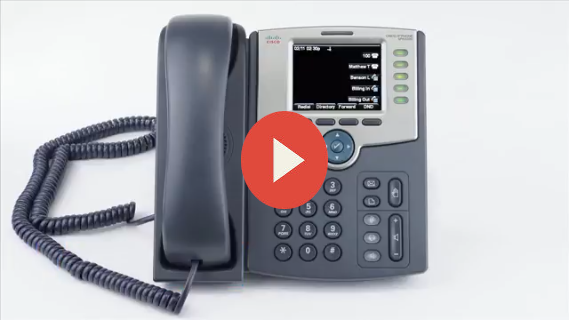 A Cisco SPA 525g2 desk phone with a video play button overlay, representing compatible but discontinued hardware for the Elevate Technology phone system.