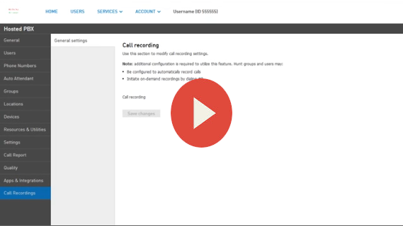  Elevate Technology Unified Communications (UC) web portal. The screen shows the call recording settings, and a large red video play button indicates a tutorial on how to use and manage the feature.