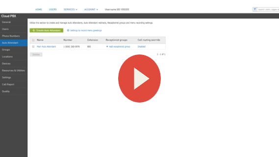 A video thumbnail of the Elevate Technology UC admin panel, showcasing the "Auto Attendants" feature.