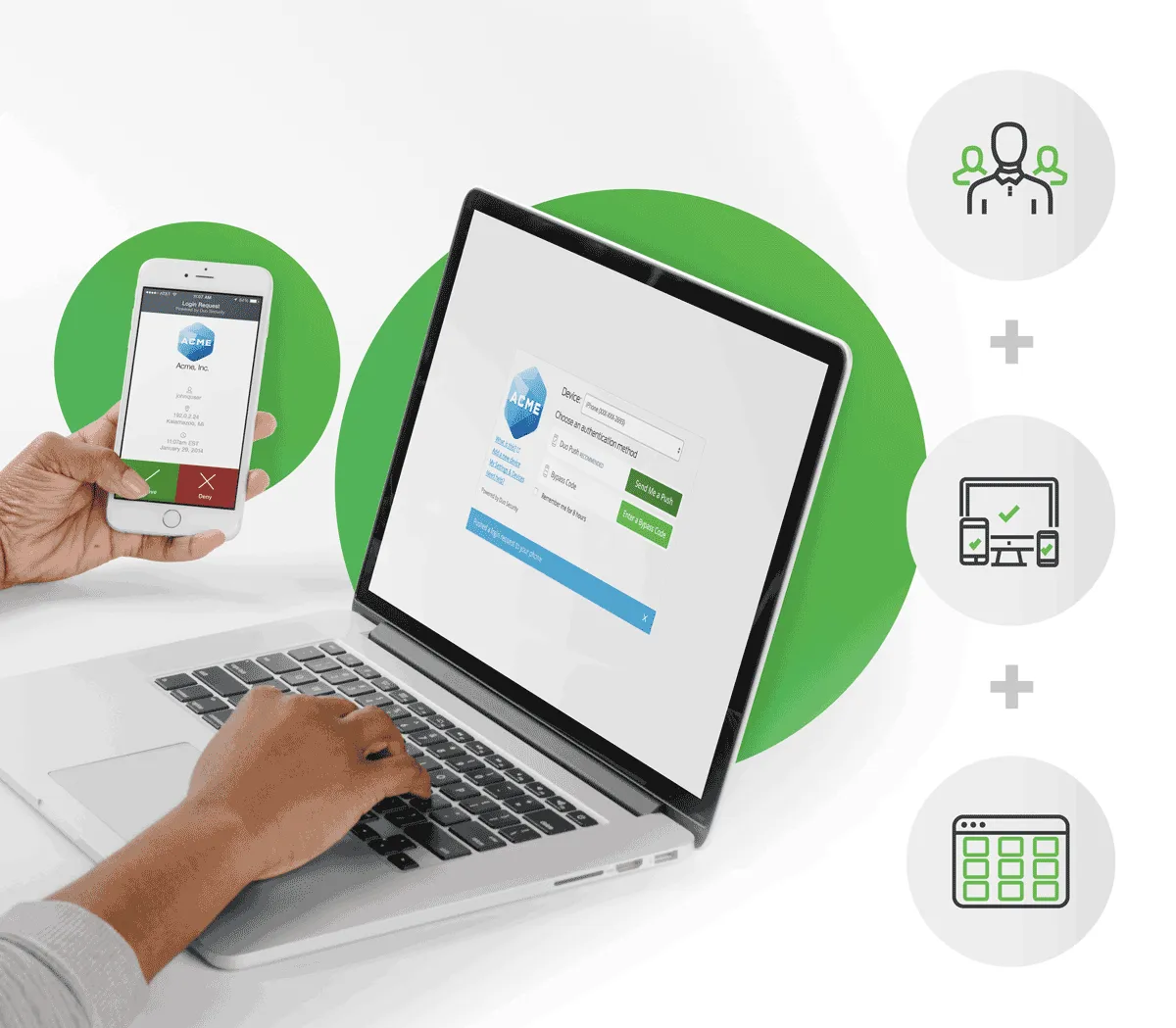 Graphic illustrating multi-factor authentication using Duo, showing secure login verification on a laptop and mobile device for workforce protection.