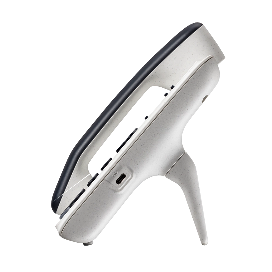 Polycom E100 VoIP desk phone sideview featuring a 2.8-inch color IPS LCD, Dual GigE Ethernet ports with PoE, and integrated Microban® antimicrobial protection.