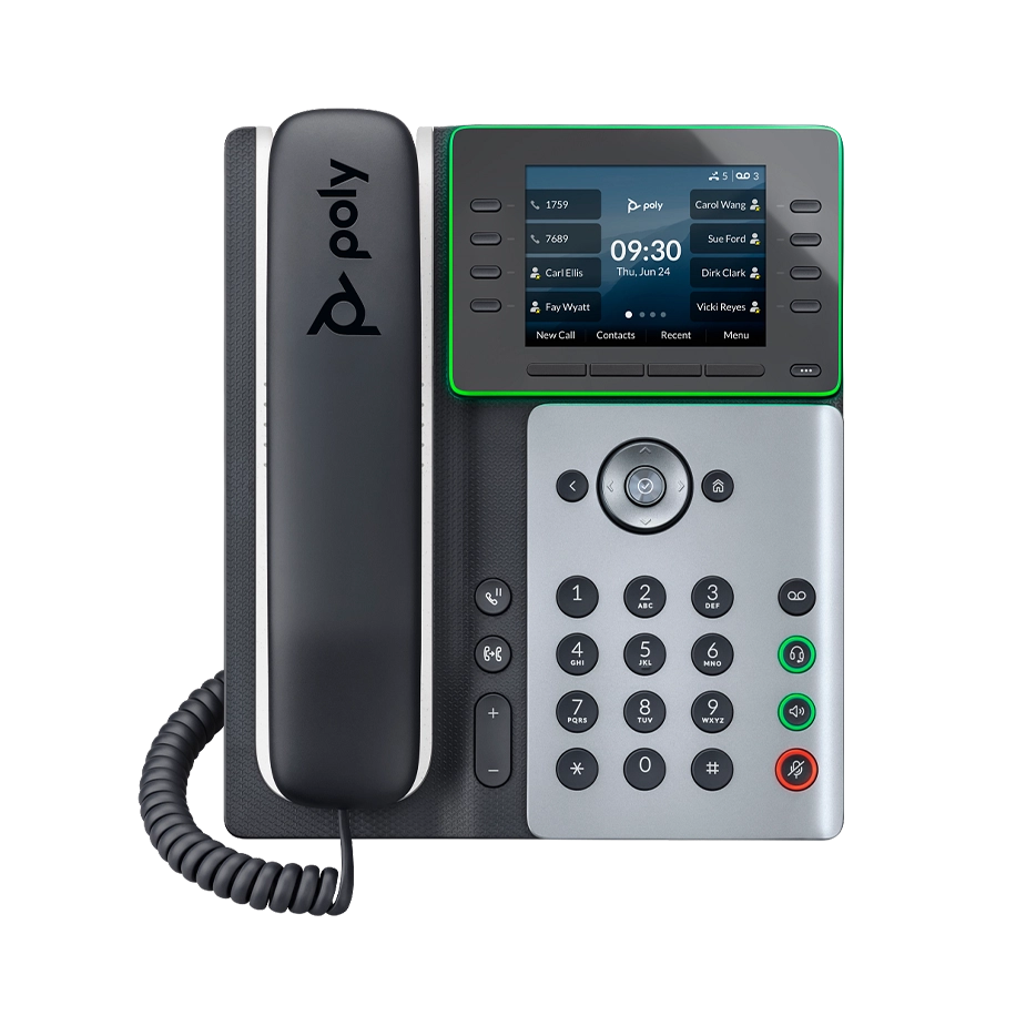 A Poly modern VoIP desk phone, representing the reliable hardware used with Elevation Technology for unified communication solutions.