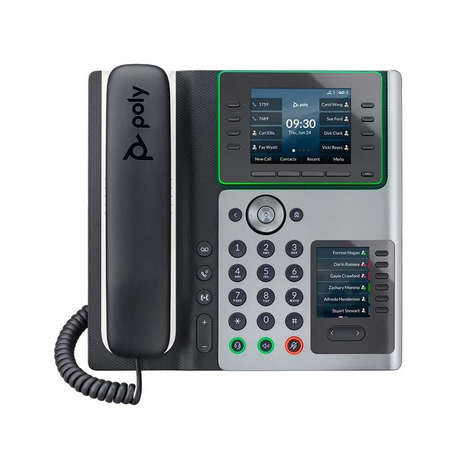 Polycom E450 desk phone with a color display, black handset, and keypad, featuring Elevate Technology and Elevation Technology.