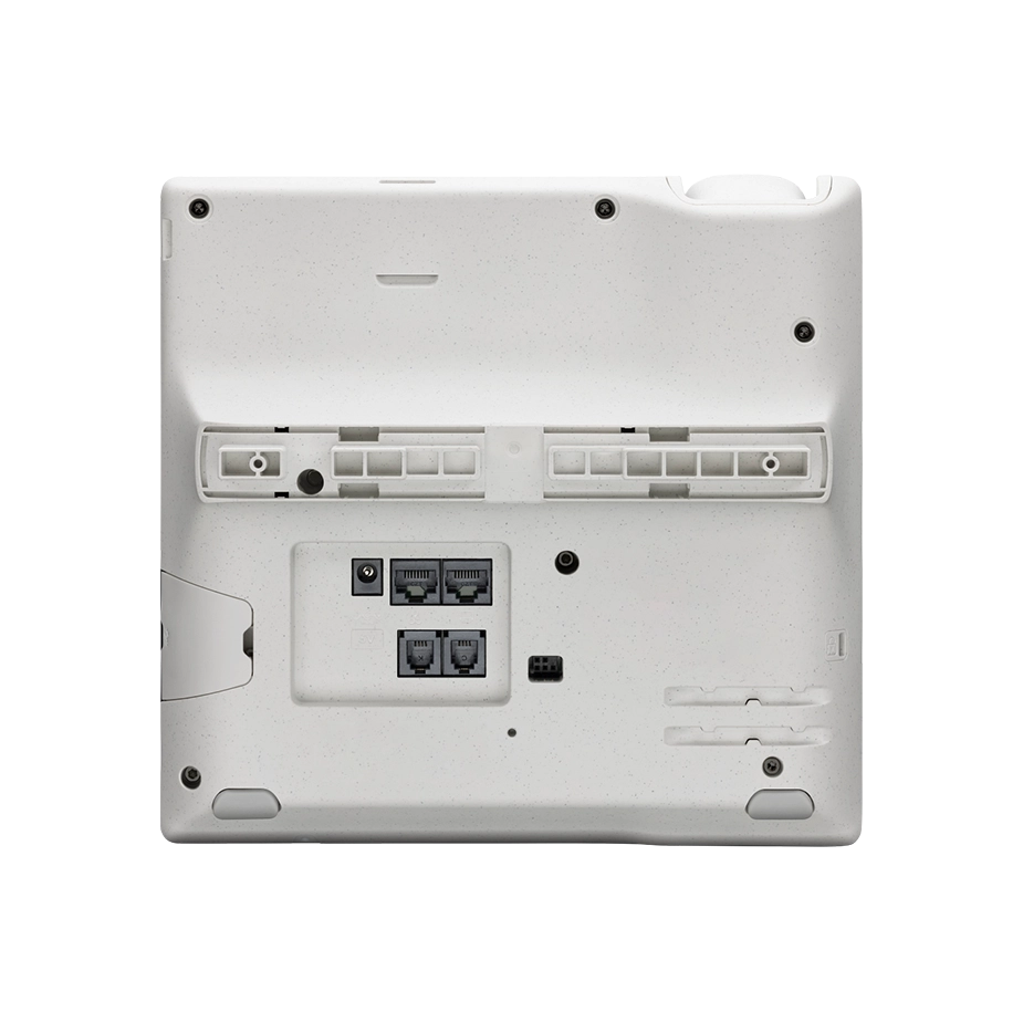Back view of the Polycom E450 desk phone showing the connectivity ports for network and phone lines, featuring Elevate Technology and Elevation Technology.