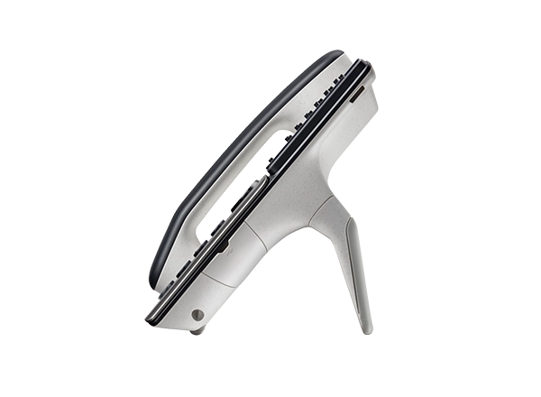 Side-profile view of the Polycom E550 IP Phone showcasing its modern, ergonomic stand and the angle of the handset, highlighting its sleek design.