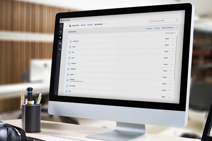 A clear and professional product shot for Elevate Technology, showing a monitor displaying a clean, modern file-sharing interface.