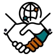 Handshake icon under a globe for Elevate Technology and Elevation Technology global partnerships, featuring cloud-based phone system, Cloud PBX Phone System, Voicemail-to-email, and Hosted PBX worldwide connectivity.