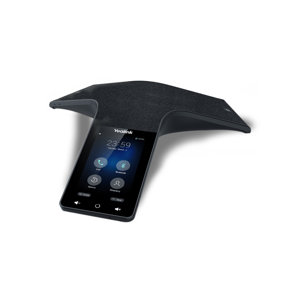 Elevate Technology image of a black Yealink CP925 conference phone with a sleek, T-shaped design, fabric grille, and color touchscreen interface, showing the time 23:59.