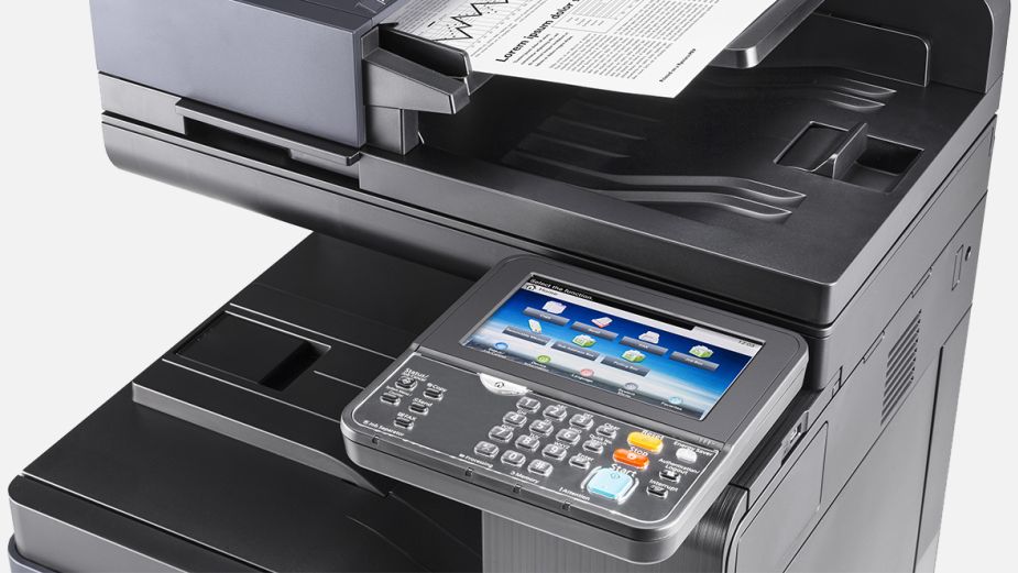 A close-up of a Kyocera TASKalfa printer's control panel and document feeder.