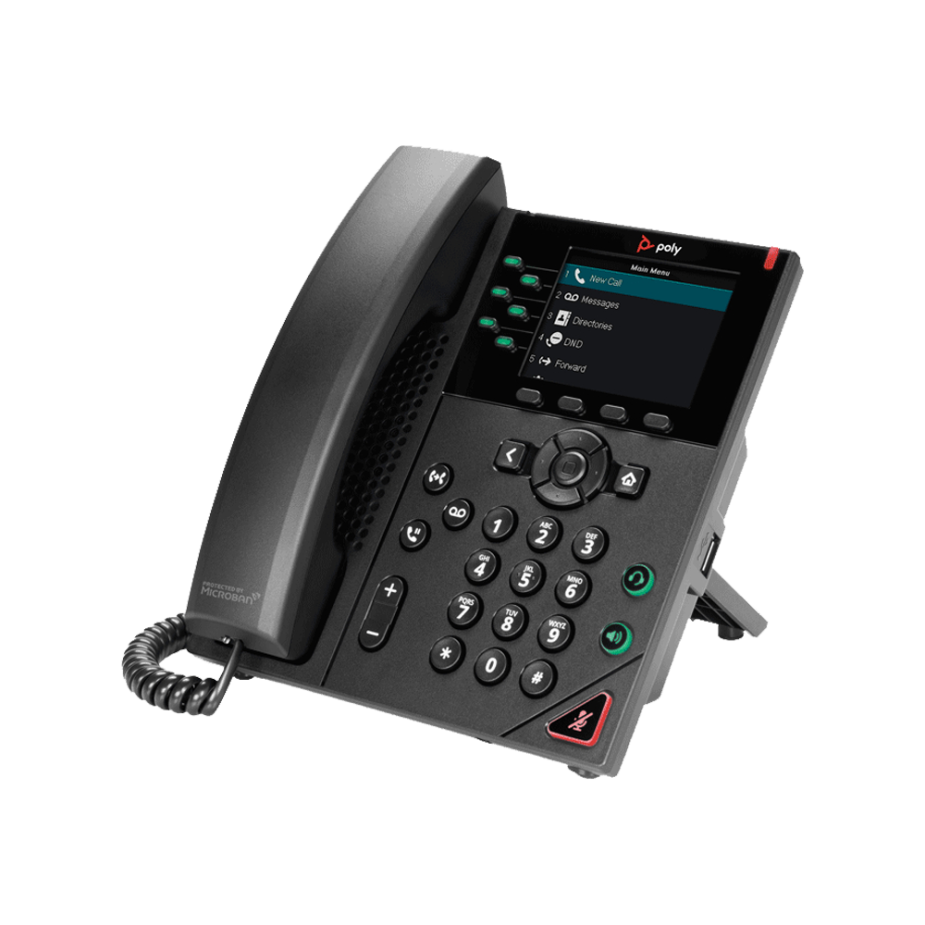 Elevate Technology black Polycom VVX 350 VoIP desk phone with a dark color screen, number pad, and coiled handset.