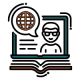 Icon of a laptop on an open book with a globe and person in a speech bubble, representing education, cloud hosting, business email, and cloud email by Elevation Technology.
