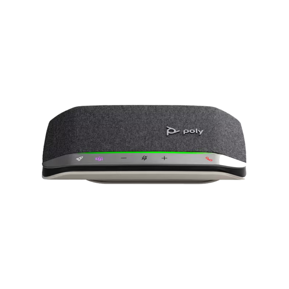 Elevate Technology front view of a gray Poly Sync 20 portable speakerphone with a fabric grille, a bright green LED light bar, and touch controls.