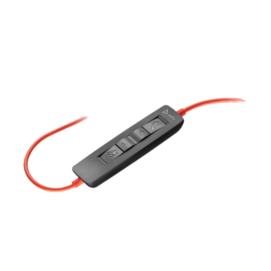 Elevate Technology close-up of the black in-line control unit for a Poly Blackwire headset, with red cabling visible on both sides.