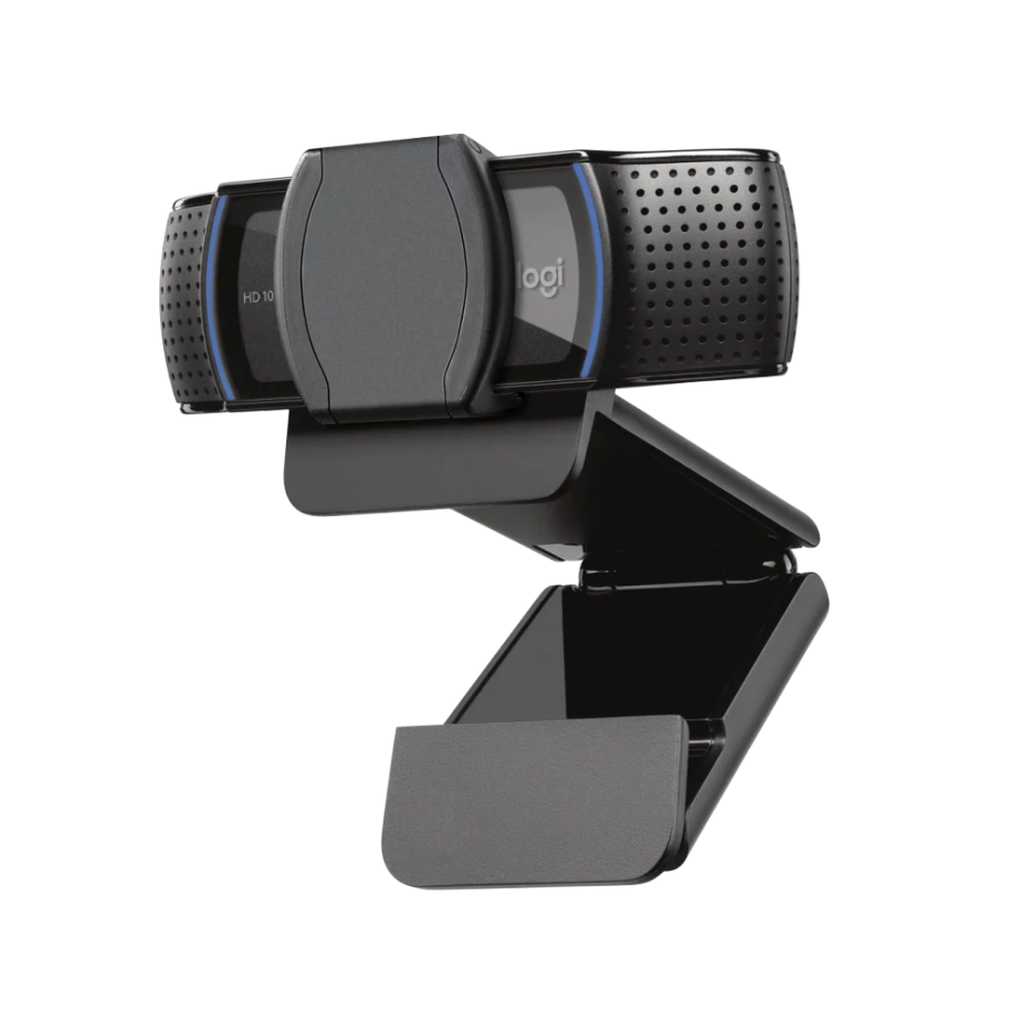 Elevate Technology black Logitech C920S HD Pro Webcam with its privacy shutter closed, resting on its mounting clip.