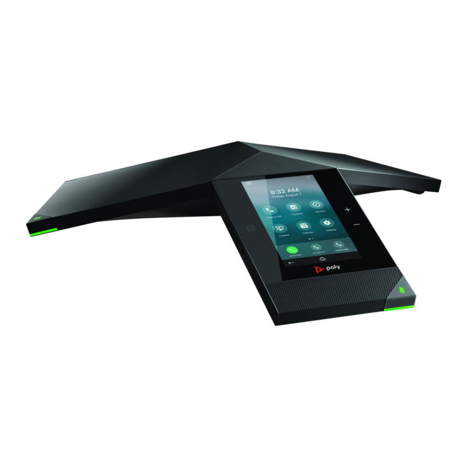 Elevate Technology black Polycom Trio 8800 conference phone from a slight side angle, highlighting its triangular shape and illuminated touchscreen.
