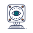 Elevate Technology icon graphic for Security Cameras, featuring a stylized square security camera with a prominent eye in the lens, symbolizing surveillance.