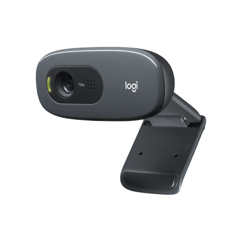 Elevate Technology close-up of a Logitech C270 HD webcam in dark gray.