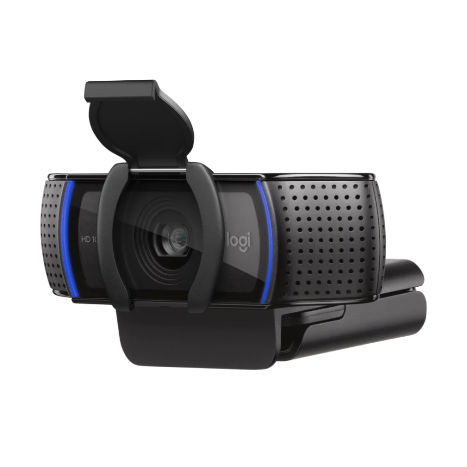 Elevate Technology side view of the black Logitech C920S HD Pro Webcam with the privacy shutter open and blue accents on the sides.