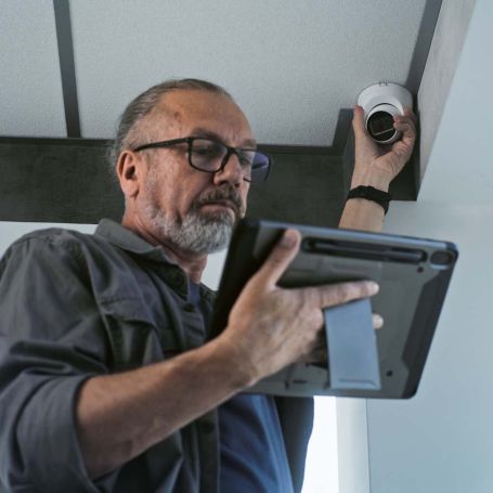 Mobile-friendly technician installing a professional security camera, highlighting surveillance solutions, cloud hosting, business email, and cloud email by Elevate Technology.