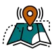 Folded map icon with a location pin, representing multi-site communication, cloud hosting, business email, and cloud email by Elevation Technology.