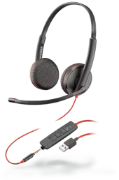 Corded business headset with microphone and USB connection designed for professional VoIP and unified communications systems.