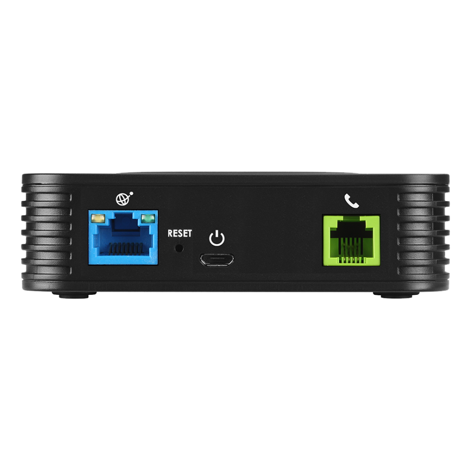 A visual of a Grandstream HT801 analog telephone adapter with two ethernet ports, a power input, and a reset button.