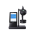 A top rated over ear headphones system, the Yealink WH66, presented on its charging stand with a large display for noise cancelling headphones functionality and controls.