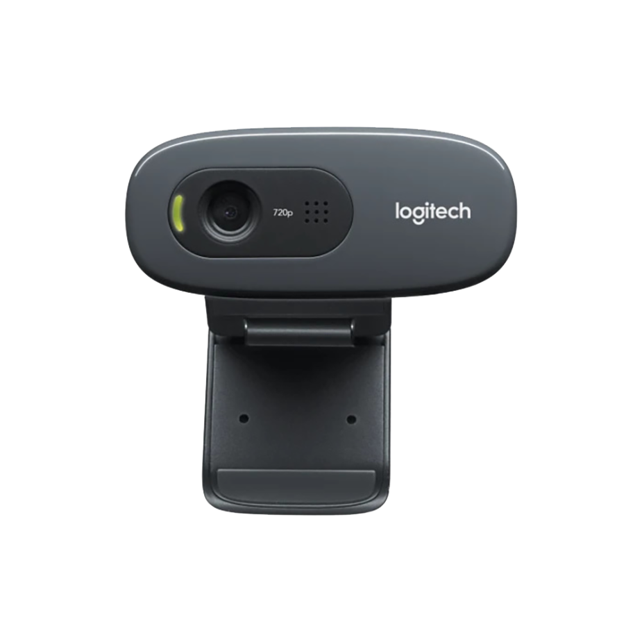 Elevate Technology close-up front view of a dark gray Logitech C270 HD webcam.