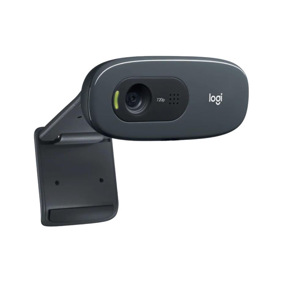 Elevate Technology side view of a dark gray Logitech C270 HD webcam on its adjustable mounting clip.