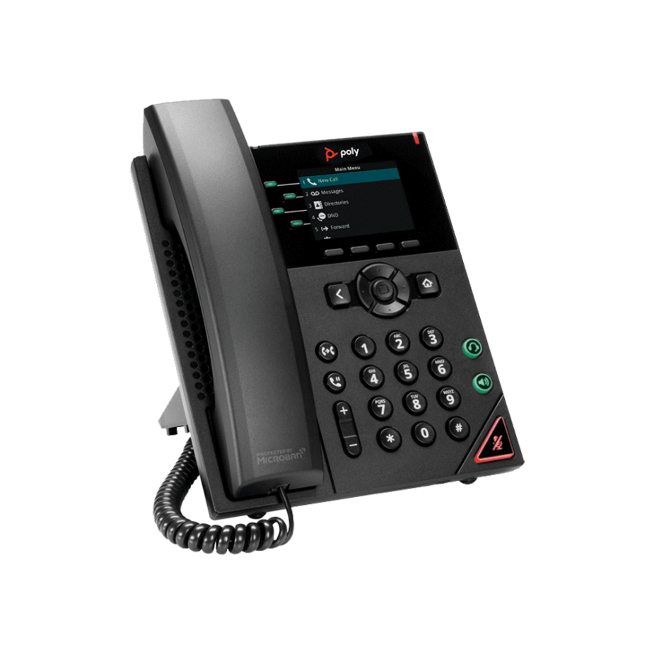 Elevate Technology black Polycom VVX 350 VoIP desk phone with a backlit screen, number pad, and coiled handset.