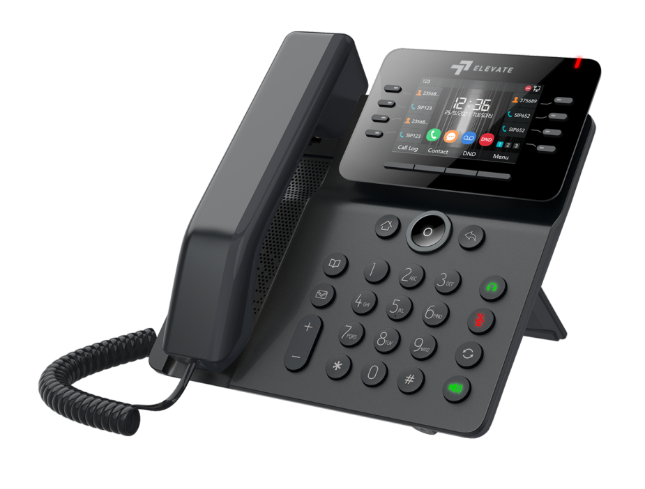 Mobile screenshot of an Elevate V64 IP Desk Phone product page featuring a large color display, optimized for cloud hosting, business email, and cloud email by Elevation Technology.