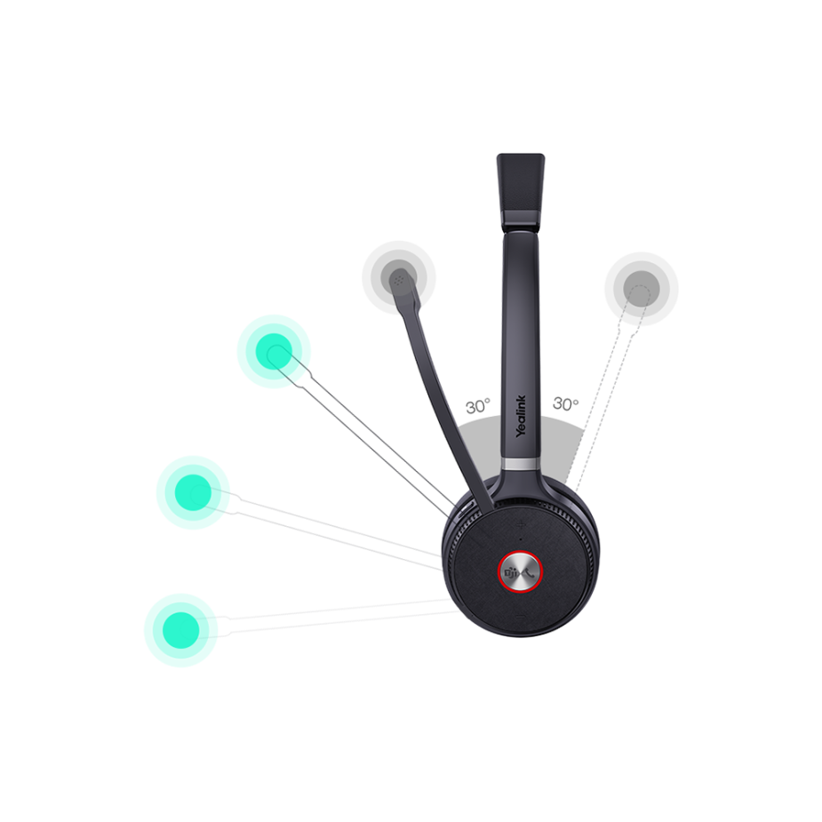 A top rated over ear headphones system, the Yealink WH66, presented on its charging stand with a large display for noise cancelling headphones functionality and controls.