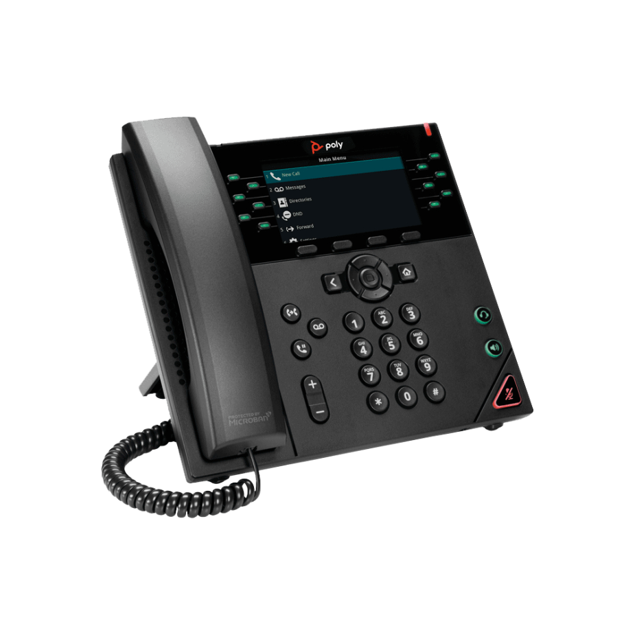 Elevate Technology black Polycom VVX 450 VoIP desk phone with a large color display, number pad, and coiled handset.
