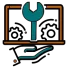 Hand holding a laptop icon with a wrench and gears, representing Elevate Technology and Elevation Technology technical support for cloud-based phone system, Cloud PBX Phone System, Voicemail-to-email, and Hosted PBX solutions.