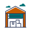  Elevate Technology icon graphic for Low-voltage Wiring, featuring a warehouse or storage building with an open bay door showing boxes inside.