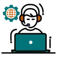 Icon of a person with a headset working on a laptop with a globe gear floating above, representing site walkthrough consultations, cloud hosting, business email, and cloud email by Elevation Technology.