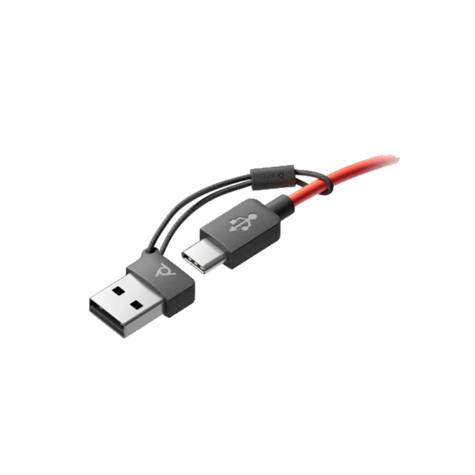Elevate Technology close-up of a USB-A connector and a USB-C adapter on red and black cabling.